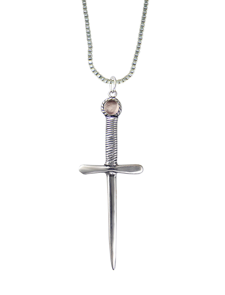 Sterling Silver Queen's Protector Knife Dagger Pendant With Rose Quartz